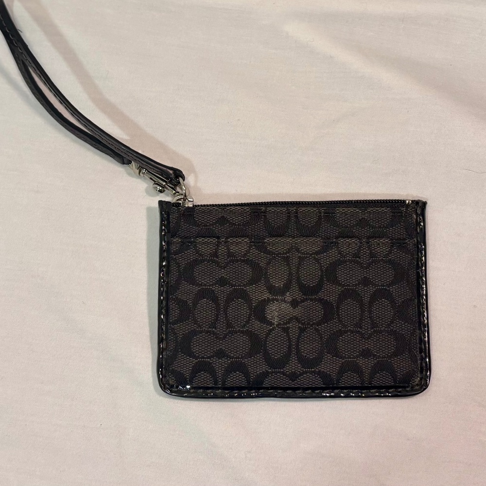 Coach Black Beige Logo Wristlet Bag with Wrist Strap and Silver Hardware